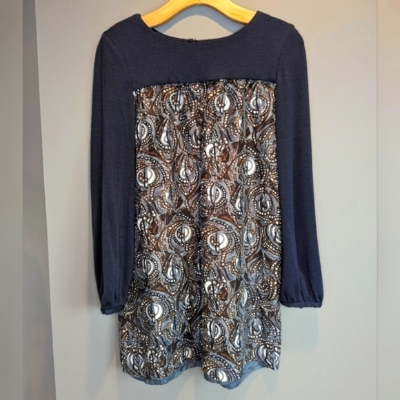 Tibi Silk & Wool Tunic Top Navy and Neutrals Size Small / Medium - Picture 1 of 4
